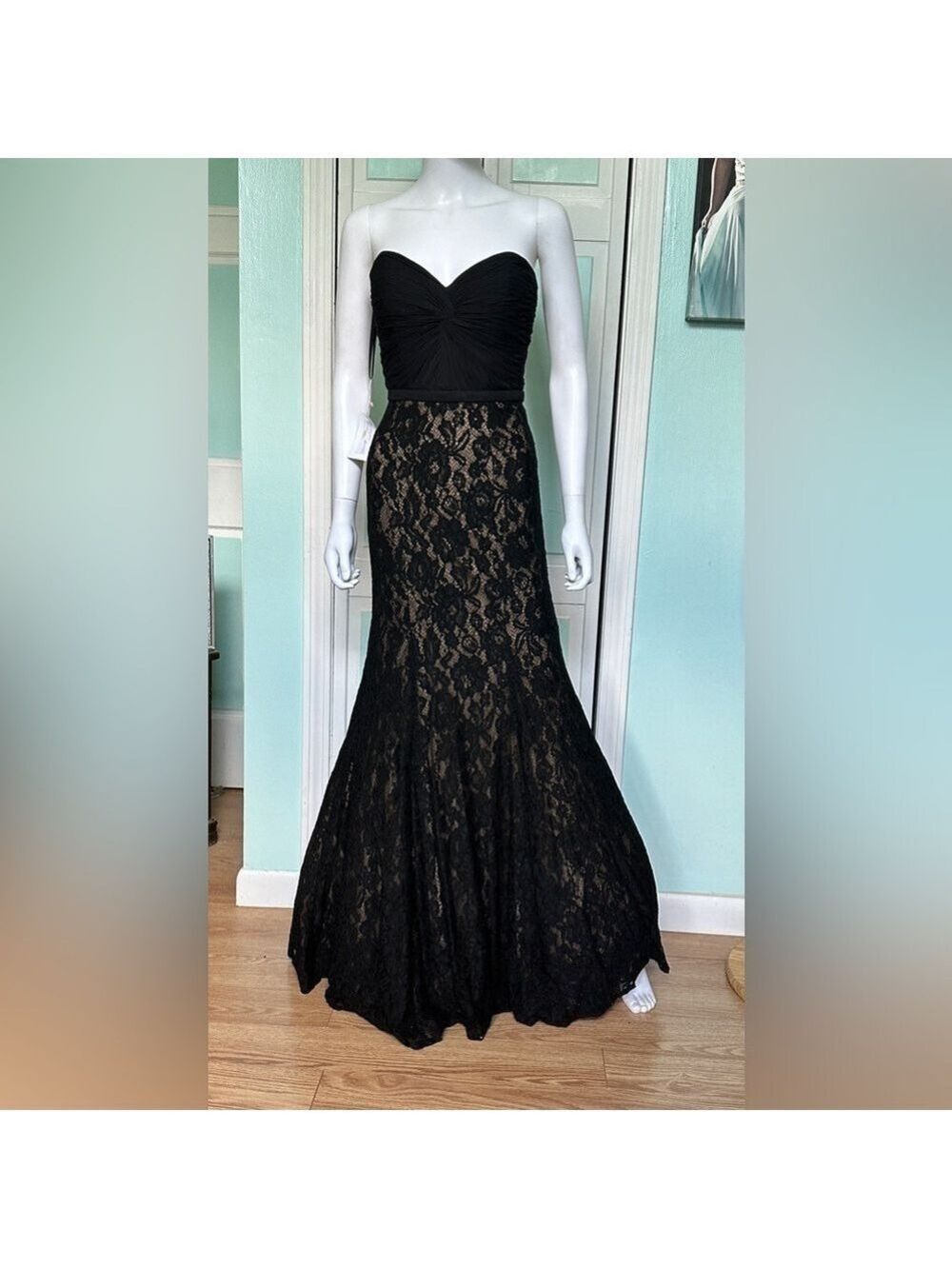 Sz 10 La Femme Black Nude Lace Fitted Trumpet Mermaid Prom Dress Gown Pageant